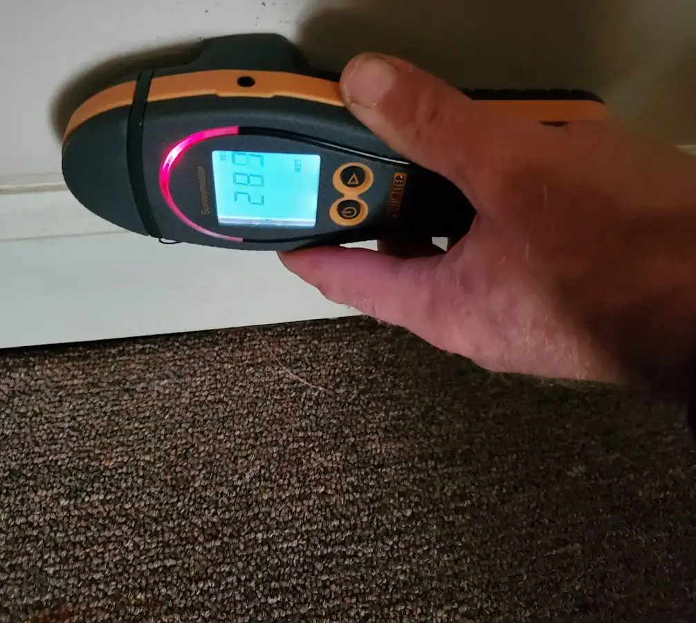 Moisture detection at baseboard during Storm Damage Restoration in Wilson